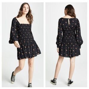 Free People Black Floral Two Face Long Sleeve Mini Dress